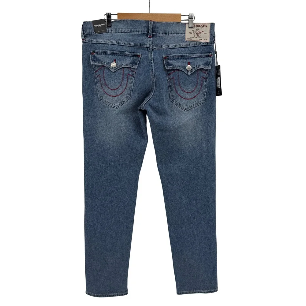$204 NEW True Religion Geno Big T Flap Relaxed Slim Jeans Light Wash 36 34x32